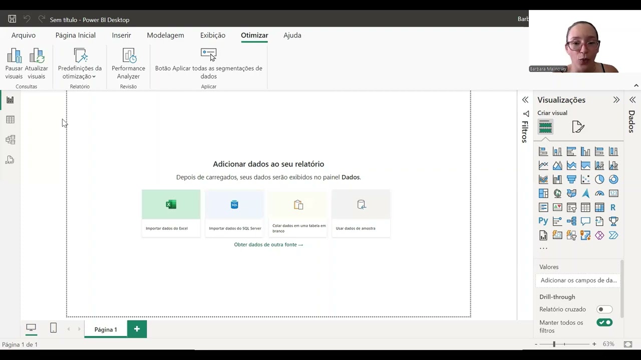 Menu Otimizar do Power BI Desktop