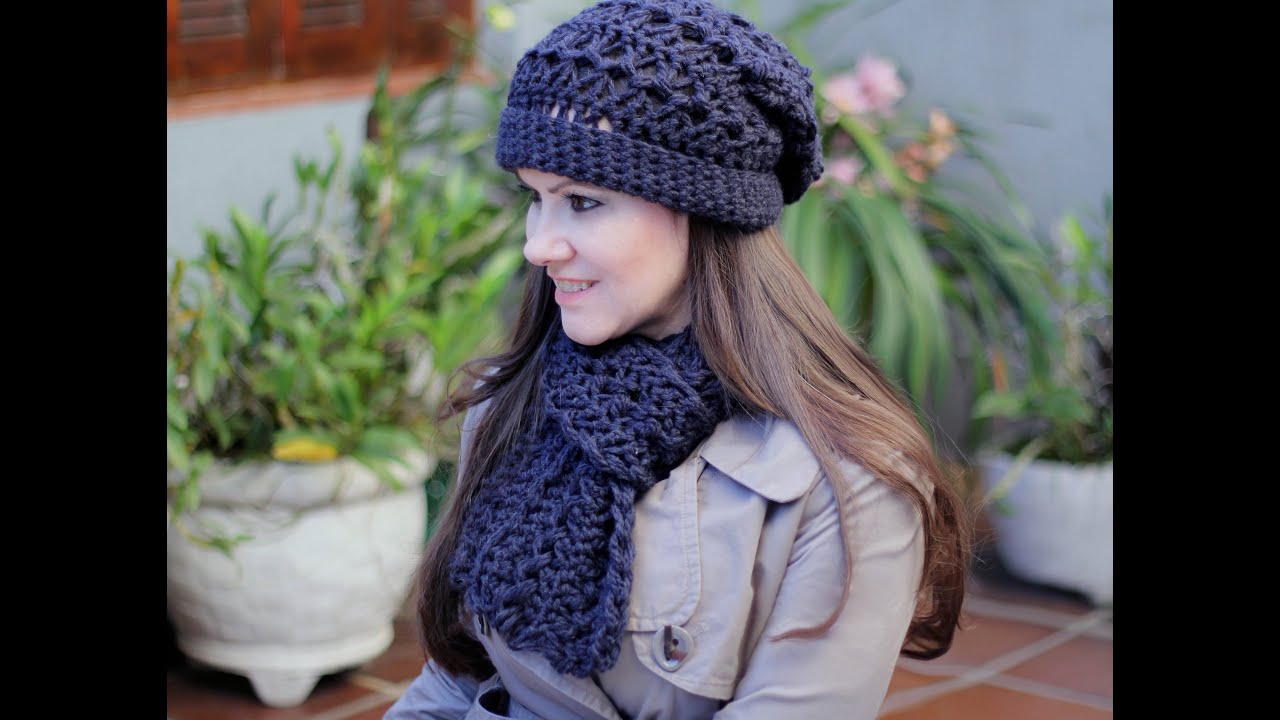 Gorro Beanie e Cachecol em crochê de grampo