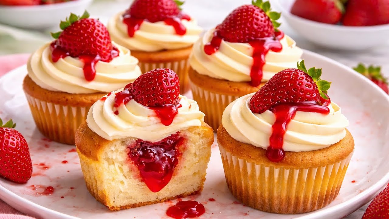 The Softest Strawberry Cupcakes with Jam Filling (Only 1 Egg!)