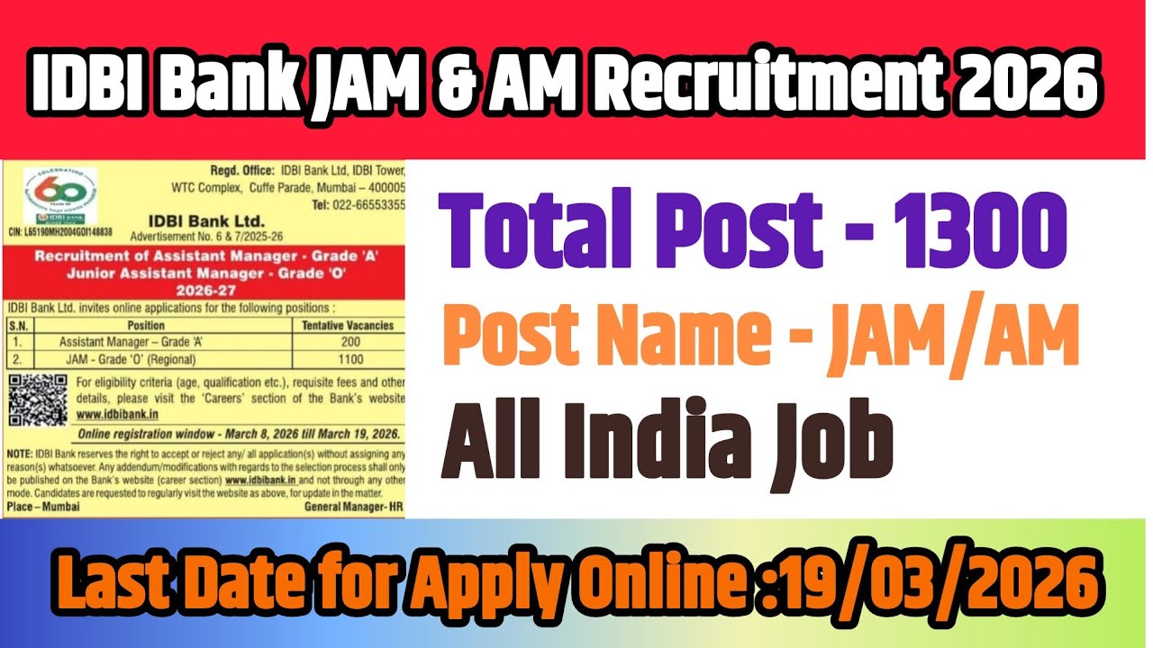 IDBI Bank Junior Assistant Manager & Assistant Manager Recruitment 2026: Apply for 1300 Posts