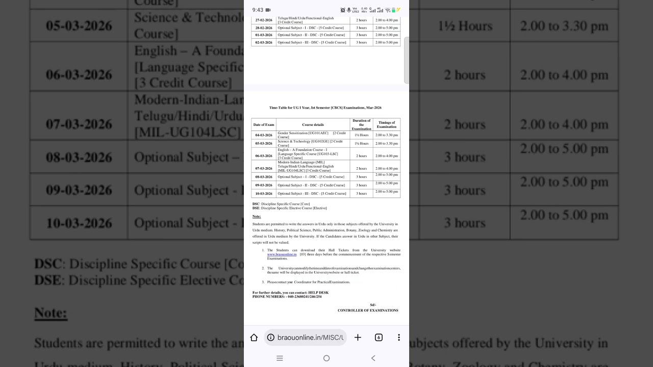 Braou ug exams timetable/ 1st sem/ 3rd sem/ 5th sem/ b.a/ b.com/ b.sc