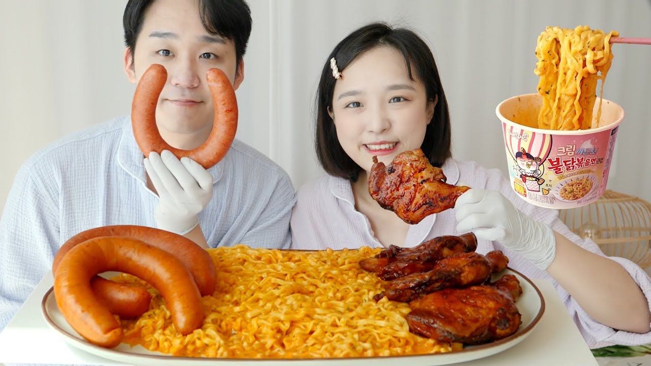 [반반먹방] 삼양 신제품 크림까르보불닭 먹방💝킬바사소세지 vs 자메이카 통다리구이 _ 솔직히 다 잘어울려😭👍 :D