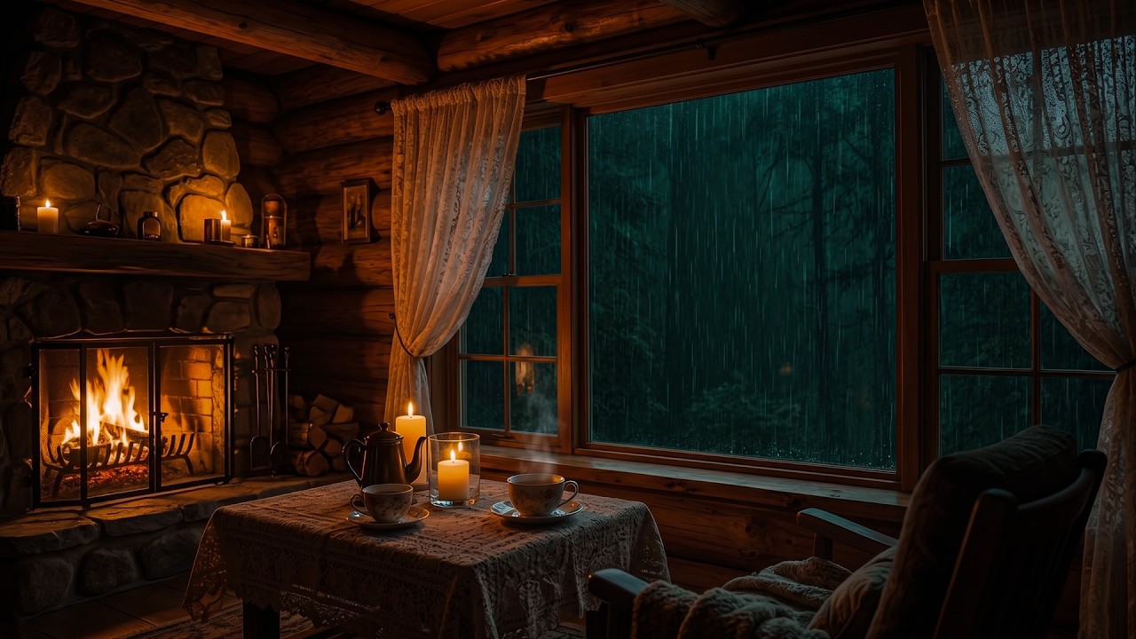 Rain lashes a dark forest cabin, fireplace flickers warmly. A cozy study sanctuary awaits.