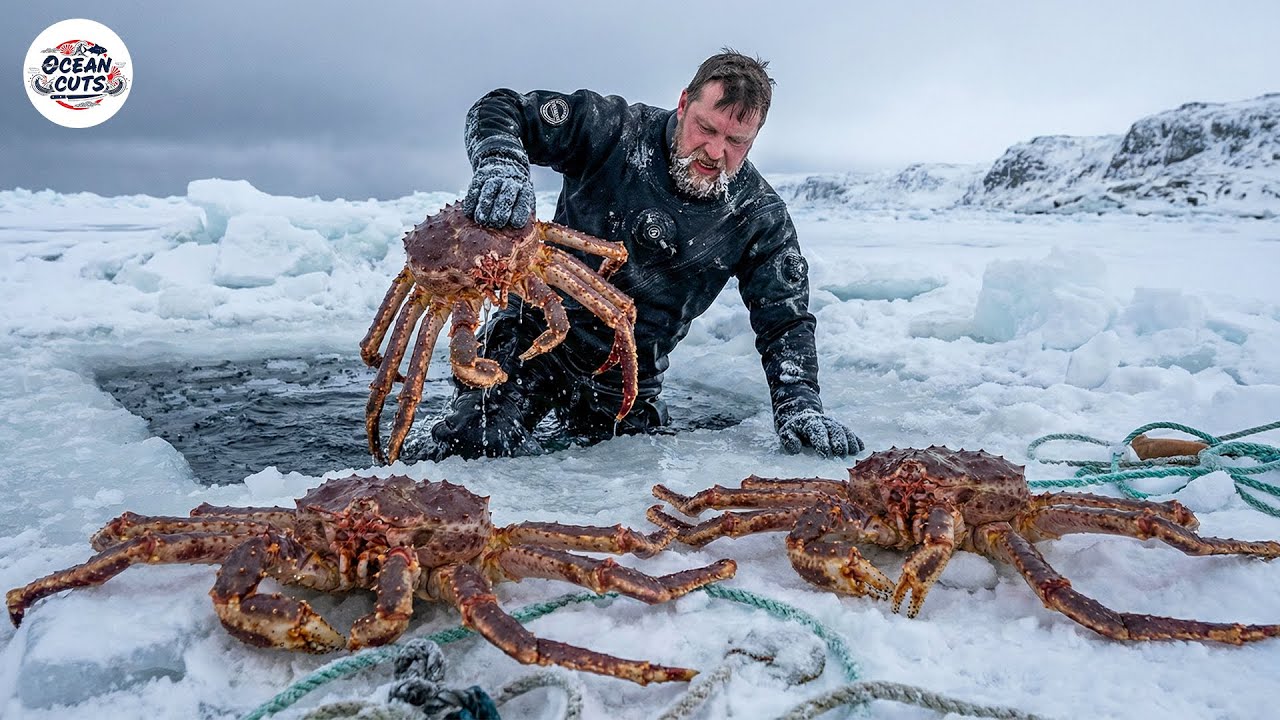 Экстремальная ловля королевского краба на замерзшем морском льду | Приготовление гигантского аляс...