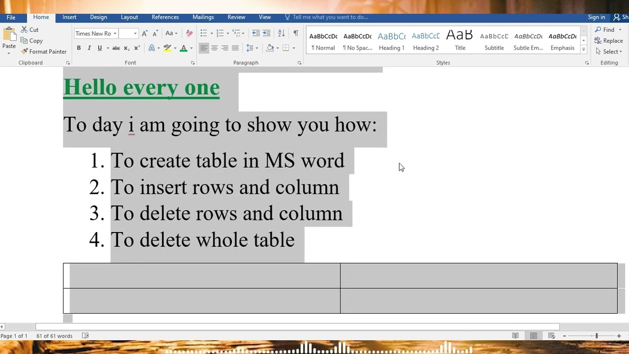 How to create table in MS word and insert delete rows and columns