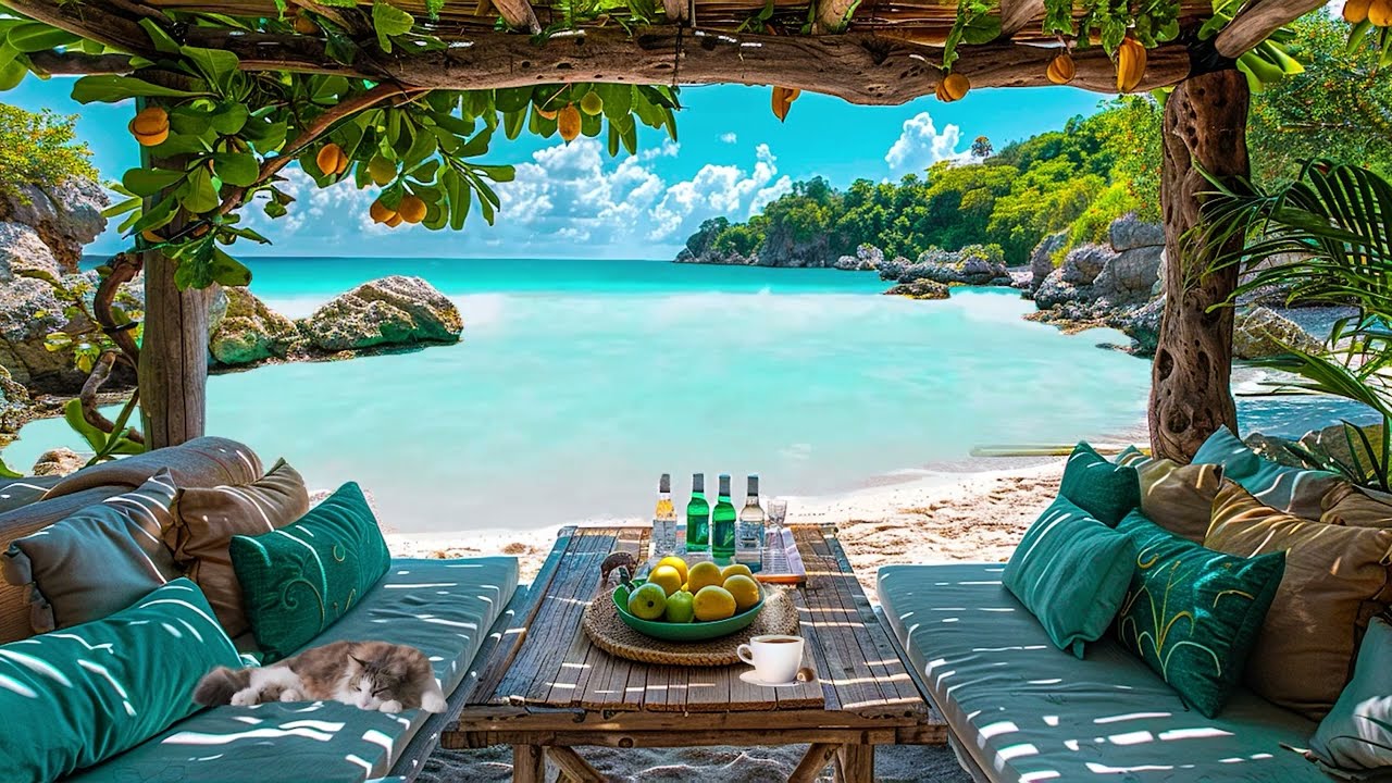 Happy Winter Jazz  Ambience & Sea Waves | Tropical Bossa Nova Jazz at Cozy Coffee Porch Ambience