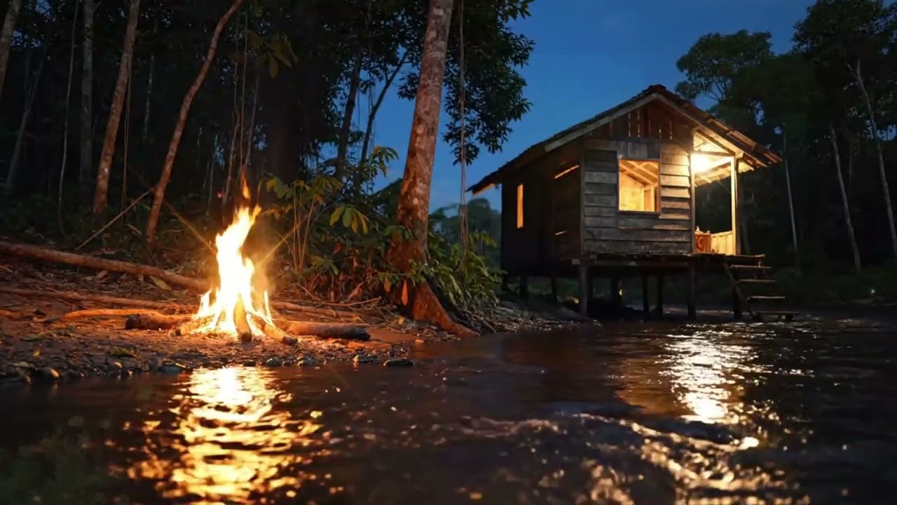 🌙 Bamboo River Hut Night 🌊 Crackling Fire & Piano Relaxation for Sleep