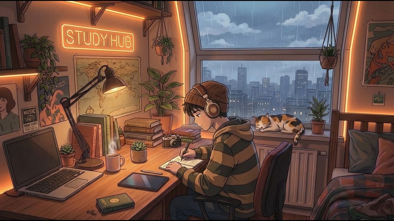heavy rain lofi 🌧️ calm study music for focus and productivity