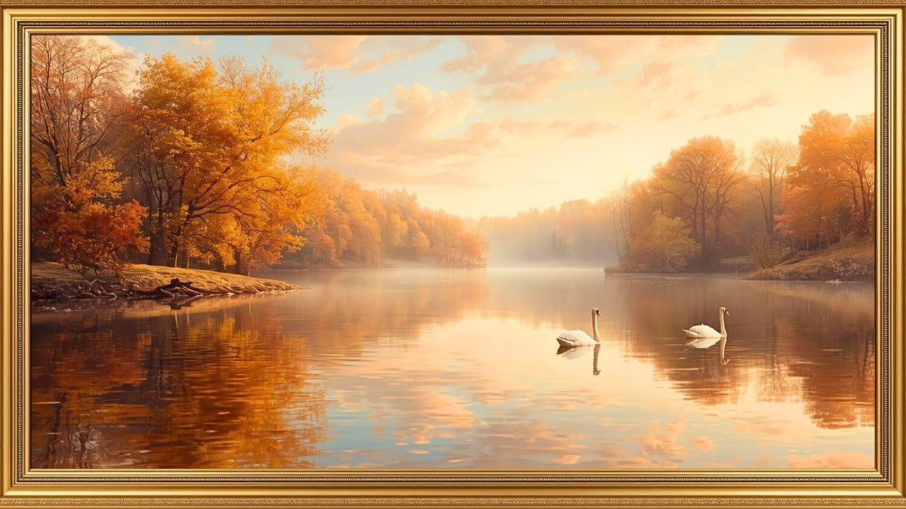 Golden Swan Lake – 4K Autumn Winter Landscape Art for Frame TV |  Vintage Oil Painting Screensaver