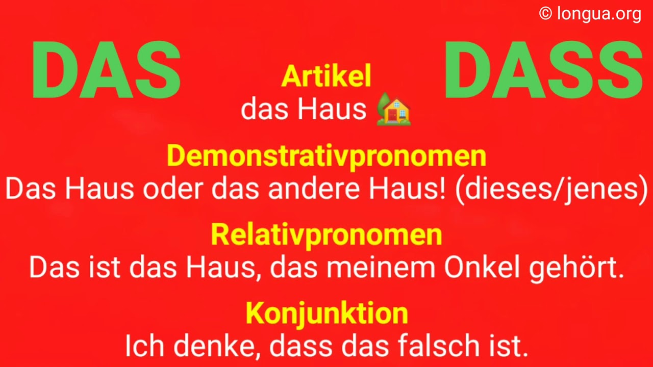 das, dass, that, que, che, Artikel, Demonstrativpronomen, Relativpronomen, Konjunktion, connector