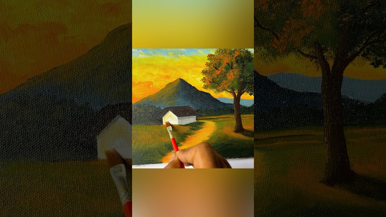 Peaceful Sunset Village Scenery Painting | Easy Acrylic Landscape #shorts