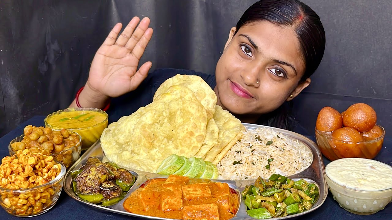 Eating Jeera Rice Dal Chole Bhature Paneer Butter Masala Corn Masala Bhindi Muli Baingan Sabji Kheer