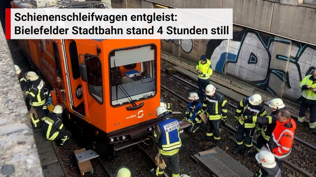 Schienenschleifwagen entgleist: Bielefelder Stadtbahn stand 4 Stunden still (04.12.2024)