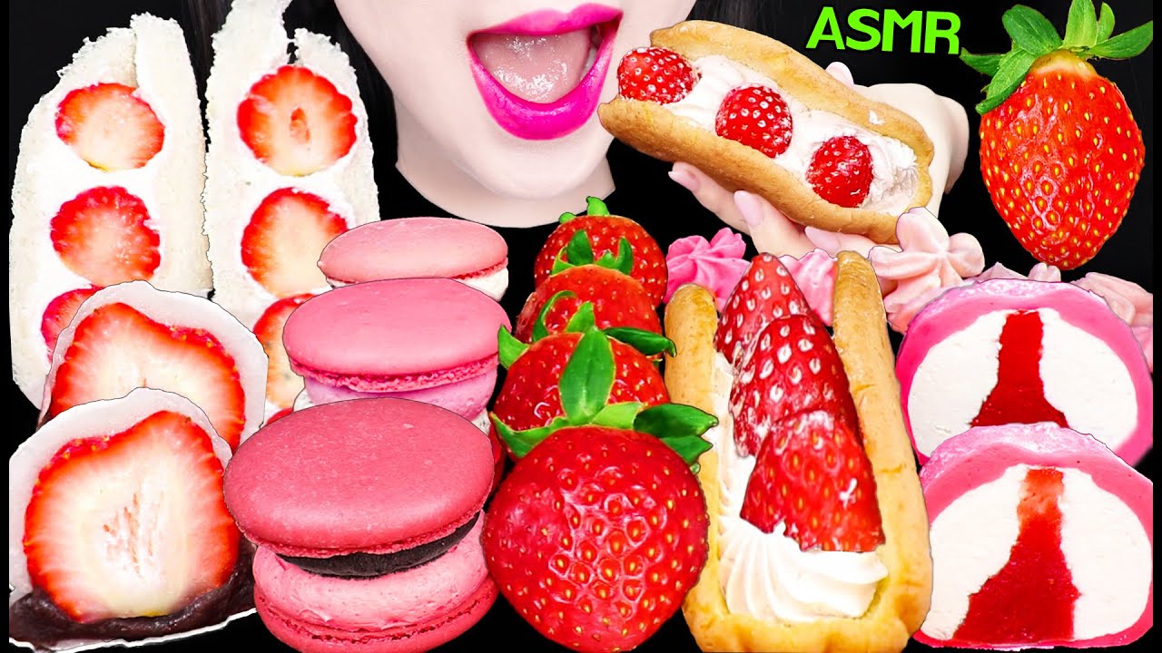 ASMR STRAWBERRY DESSERTS *FRUIT SANDO, RICE CAKE, MERINGUE, OMELETTE 딸기 산도, 딸기 찹쌀떡, 오믈렛 먹방 MUKBANG