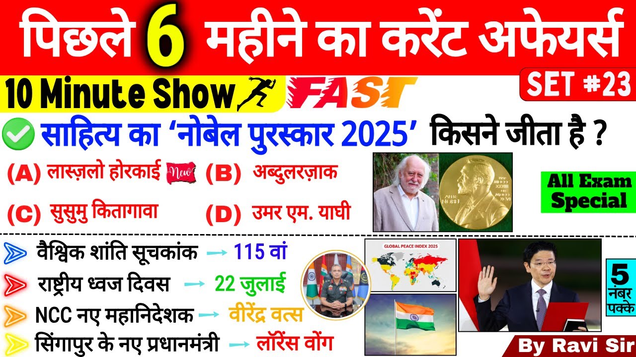 Last 6 Months Current Affairs 2025 | Set 23 | Top 50 | January to Oct 2025 Important Current Affairs