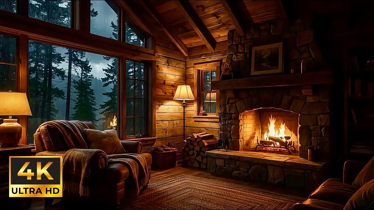 Rain Outside, Fireplace Inside 🌧️🔥 Cozy Cabin Night Ambience (1 Hour 4K)