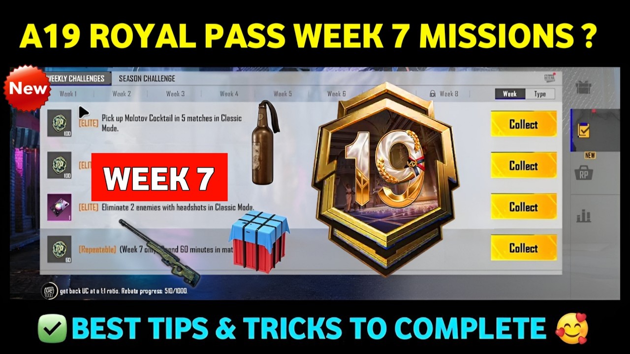 ✅A19 WEEK 7 MISSION🔥PUBG WEEK 7 MISSION🔥A19 ROYAL PASS Week 7 Mission | Pubg Mobile c10s30
