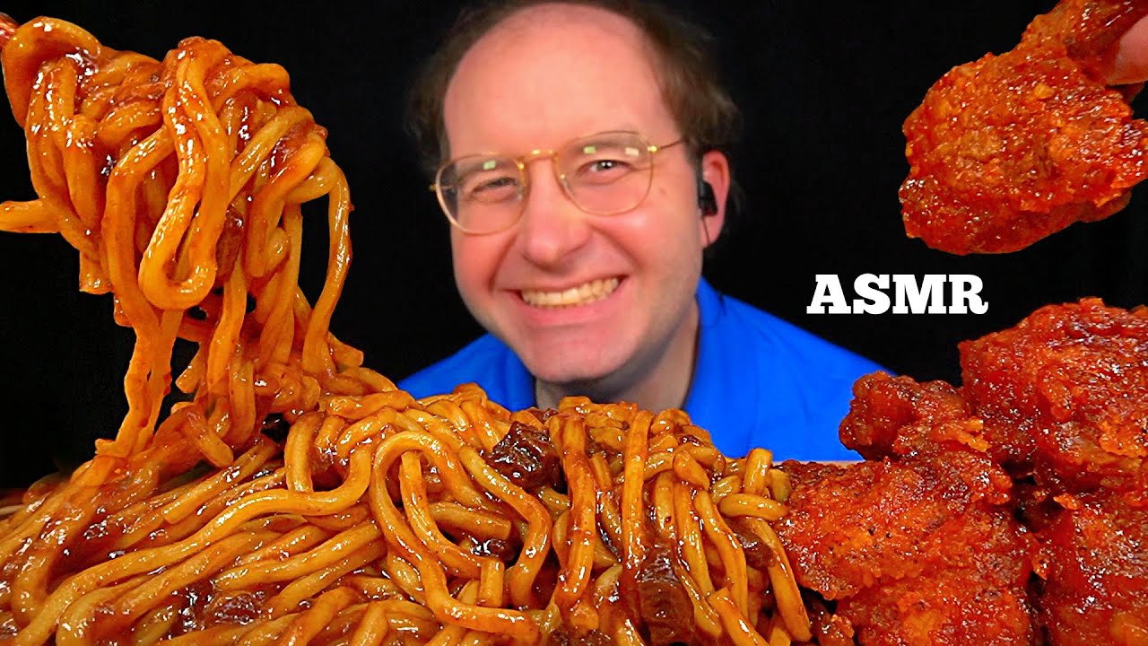 ASMR BLACK BEAN NOODLES & KOREAN CHICKEN MUKBANG (No Talking) EATING SOUNDS