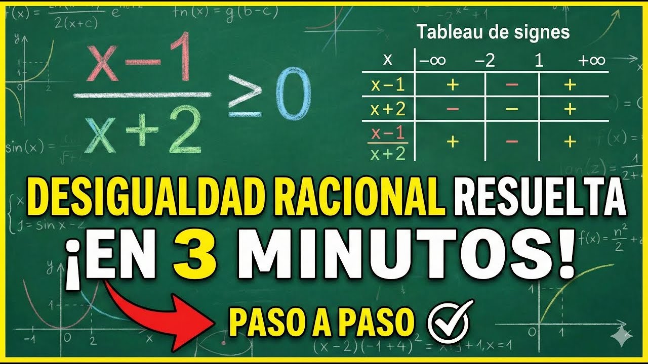 Cómo resolver la desigualdad racional: (x-1)/(x+2) mayor o igual que 0.  Ejemplo 5 : Paso a Paso