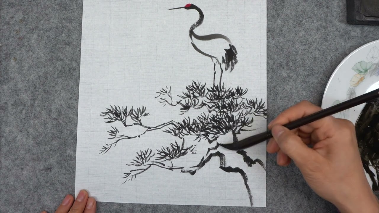 Rotkronenkranich auf einer Kiefer: Ostasiatische Tuschmalerei (Asian Ink Painting, 동양화)