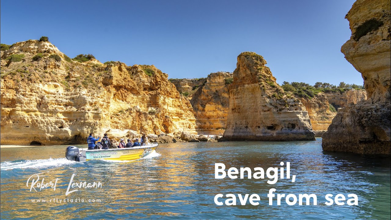 Benagil cave and rock formations, from the sea. Portugal.