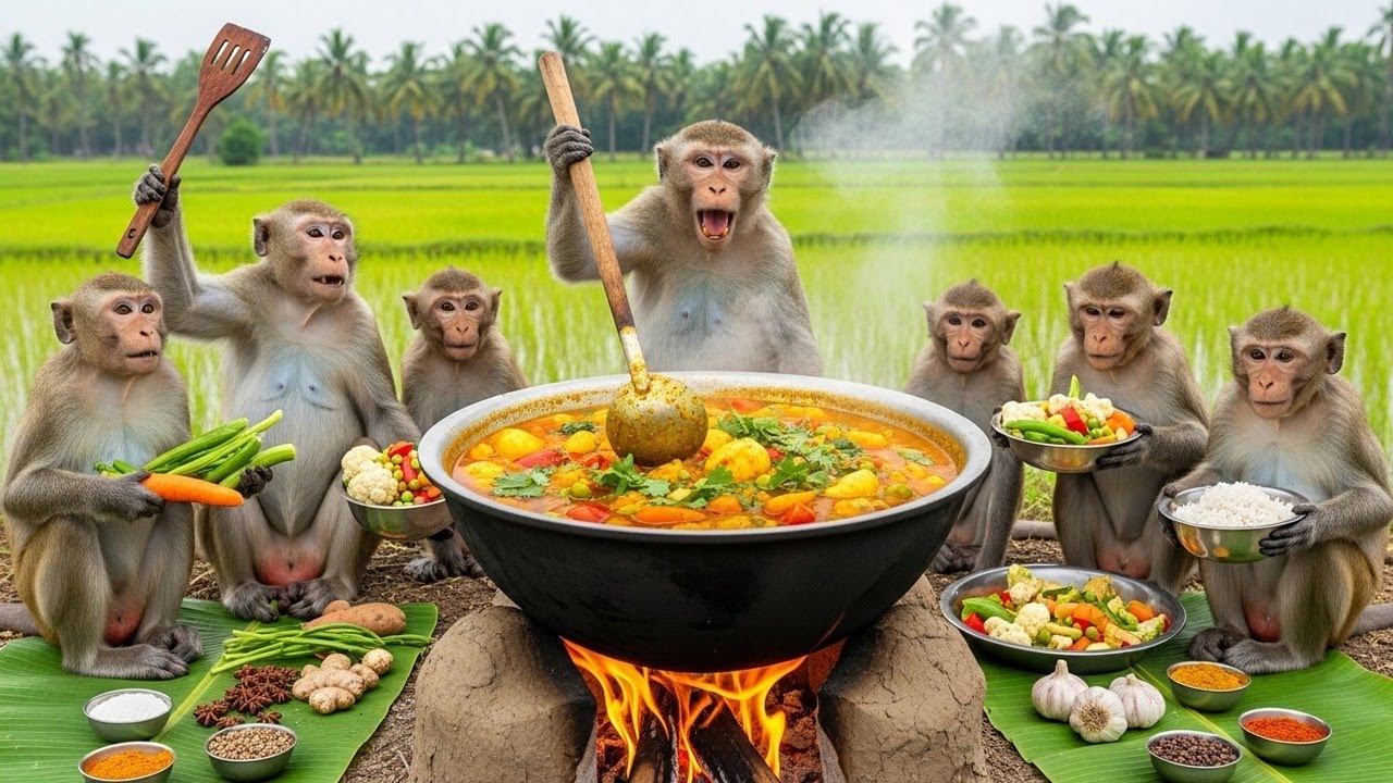 Monkeys Cooked Mixed Vegetable Curry 😍🥕🥦