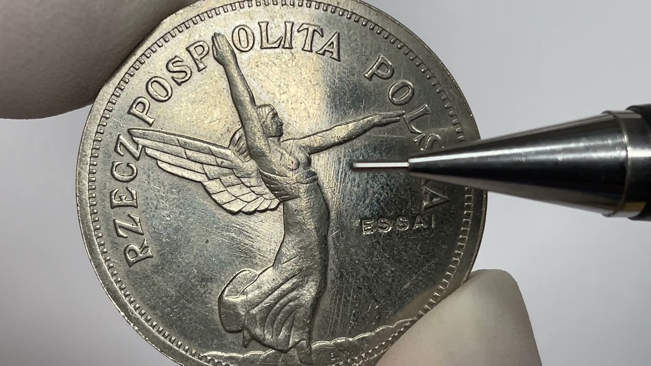 Próba 5 złotych 1928 Nike - ESSAI - nikiel i rant gładki - b.rzadka