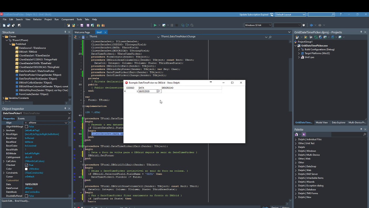 Colocar um DateTimePicker dentro de um DBGrid