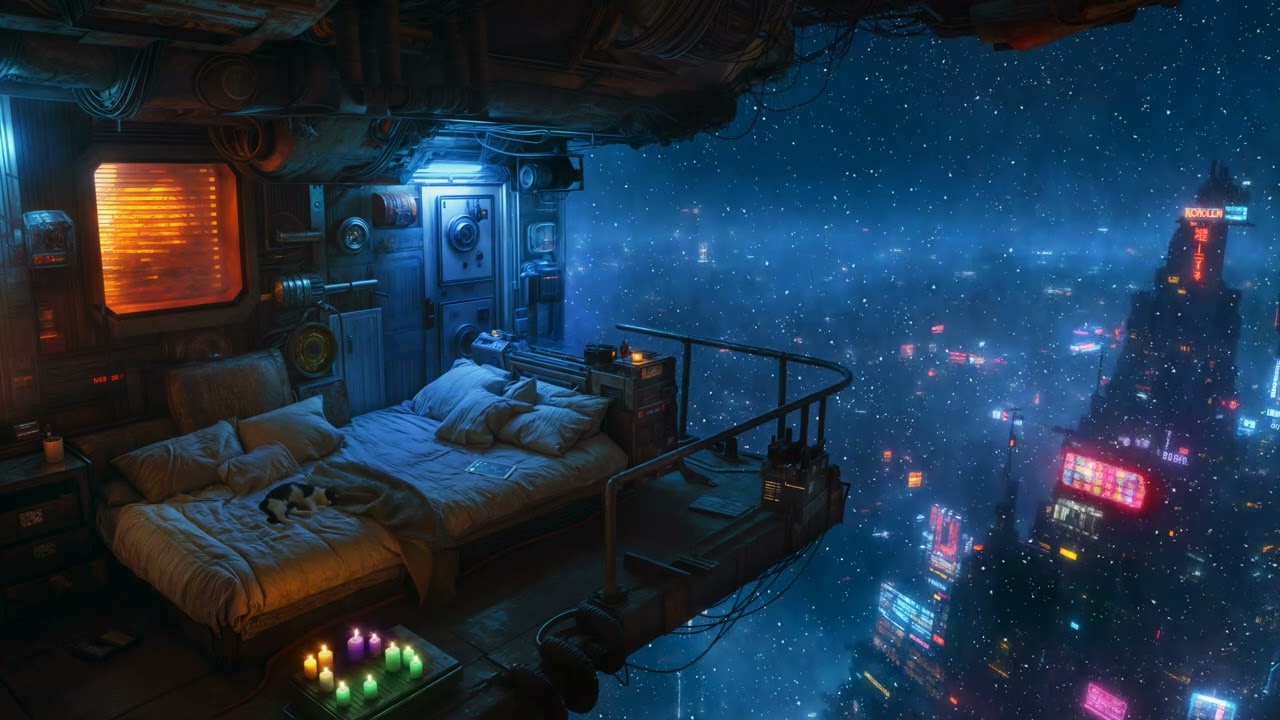 Lofi Zen &ndash; Cyberpunk Balcony Nights from Above the City | Relax, Study, or Drift into Peace | 4K