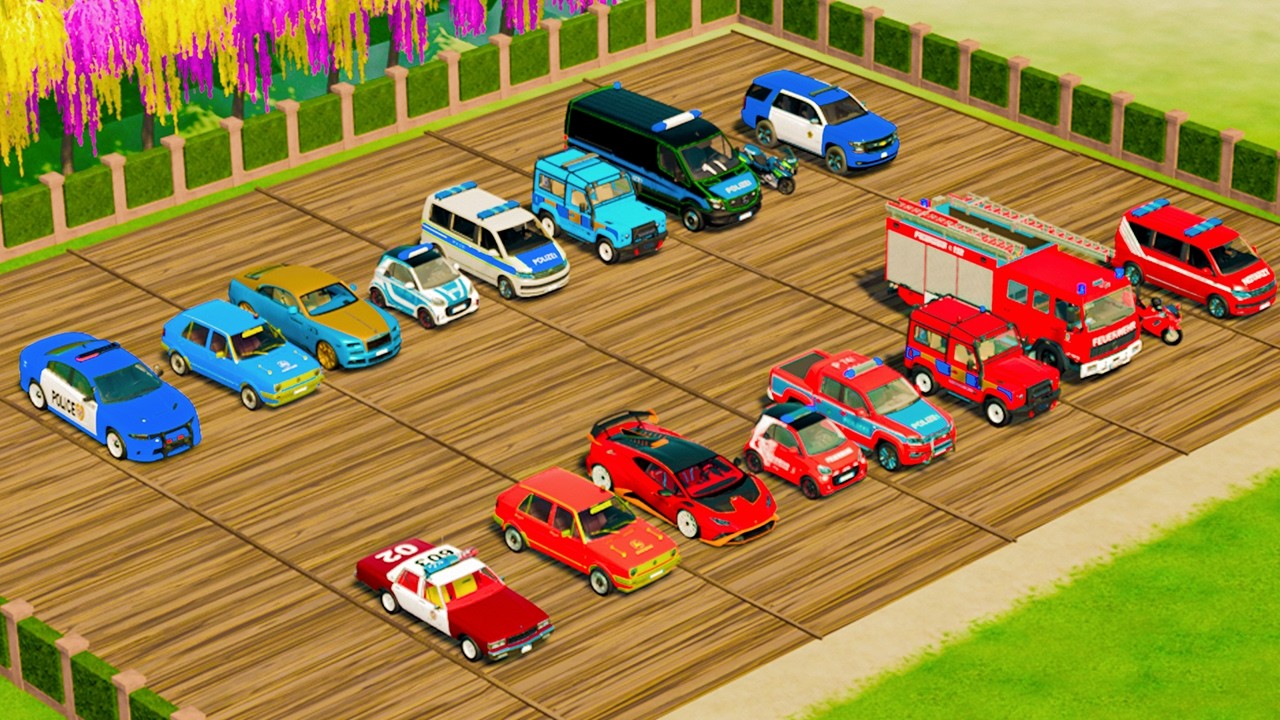 TRANSPORTING CARS, AMBULANCE, POLICE CARS, FIRE TRUCK OF COLORS! WITH TRUCKS! - FS 22