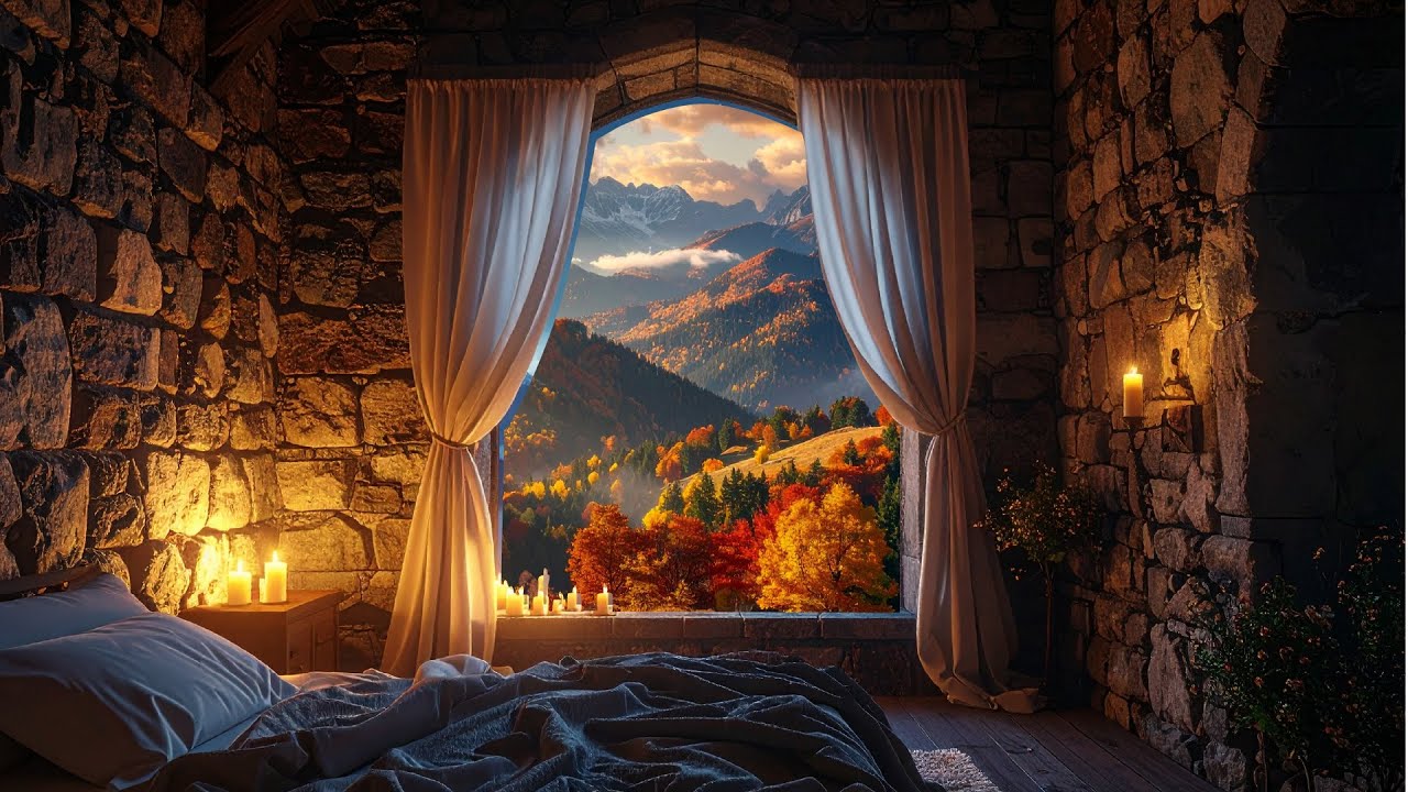 A Medieval Castle Window View 🍂 | Peaceful Autumn Mountains & Falling Leaves (Ambient Scene)