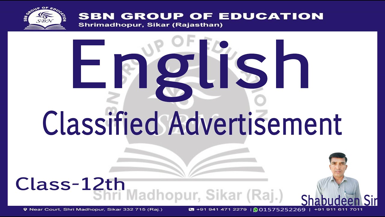 Class-12th-English-Classified Advertisement (RBSE/CBSE/NCERT) In Hindi