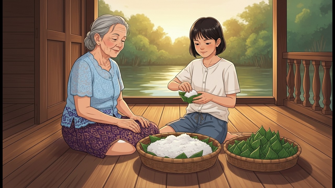 Summer evening by the river canal - Making traditional Thai sweets, warm family memories