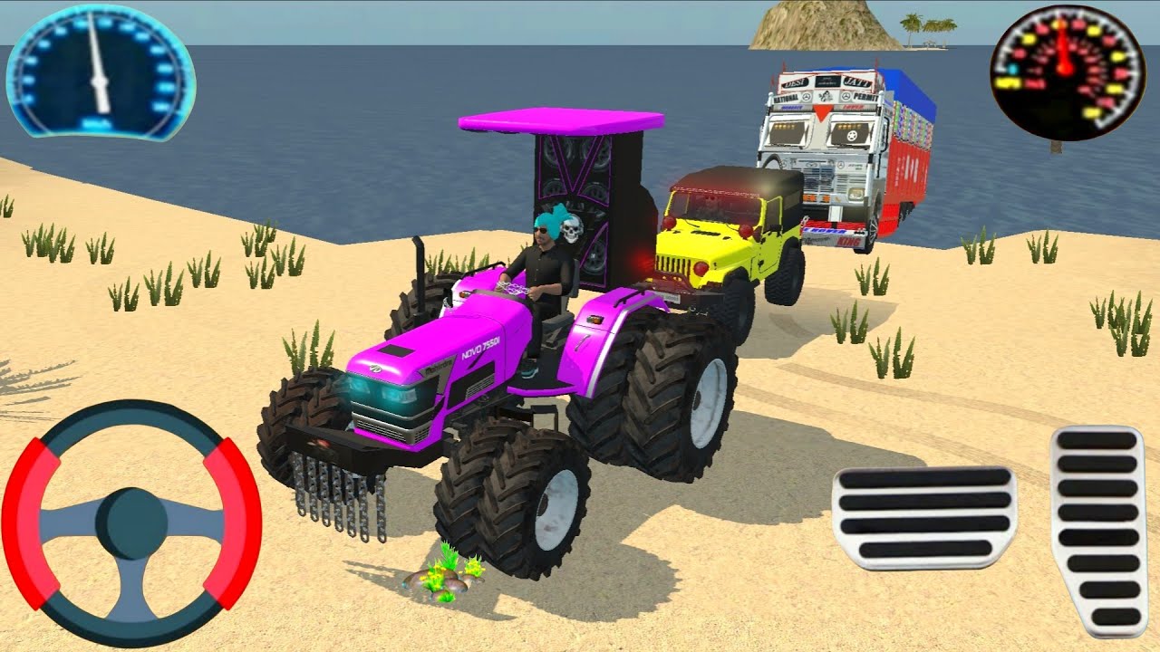 Indian truck stuck in mud tractor and car rescue the truck#simulationgames #drivinggames 