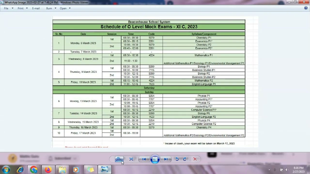 Grade 11- O- level Mocks Timetable- 2023