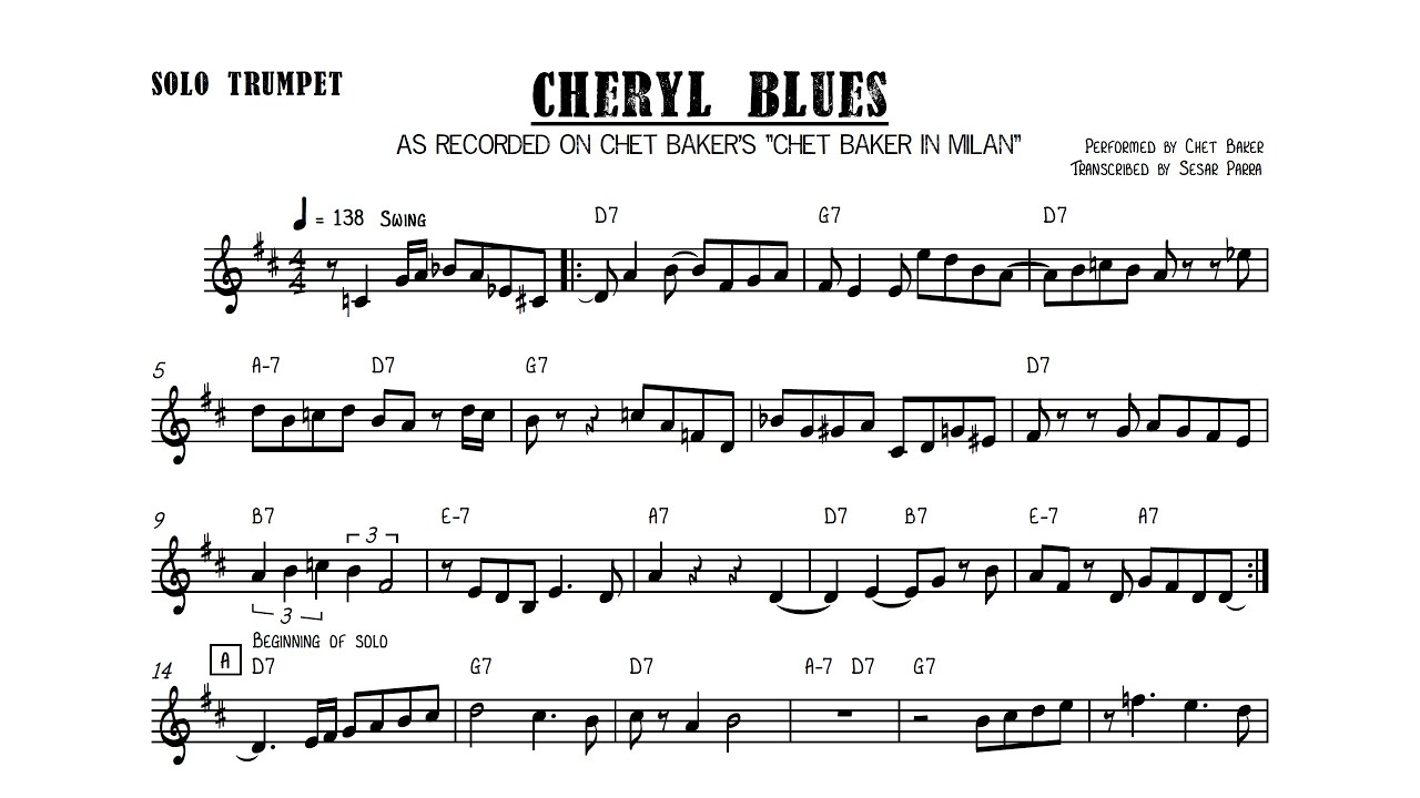 Chet Baker - Cheryl Blues (Bb) Transcription