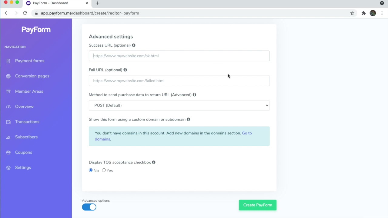 Create a payment form using PayForm