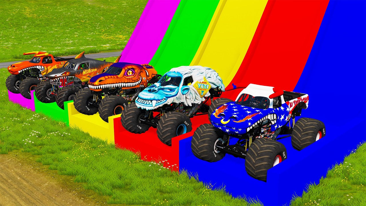 Double Flatbed Trailer Monster Trucks Transport with Slide Color - Cars vs Speed bump - BeamNG #110