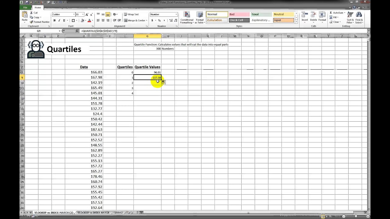 Video 00052 Use Quartile function to cut data into 4 parts