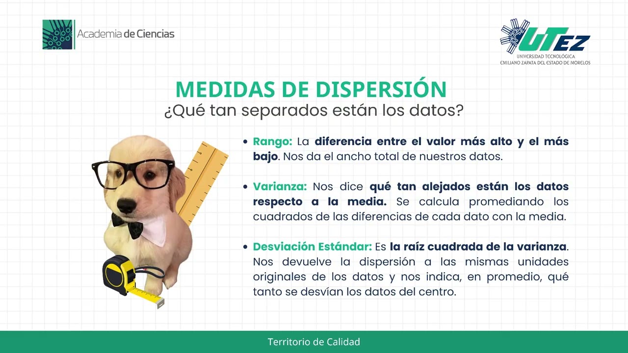Medidas de tendencia central: media, mediana y moda; medidas de dispersión: rango, varianza y desves