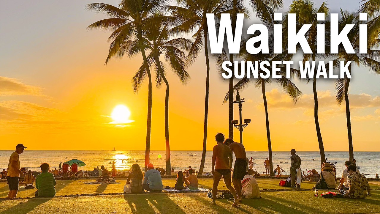 Waikiki Beach SUNSET WALK 🌅 4K Honolulu Walking Tour with Captions [60fps]