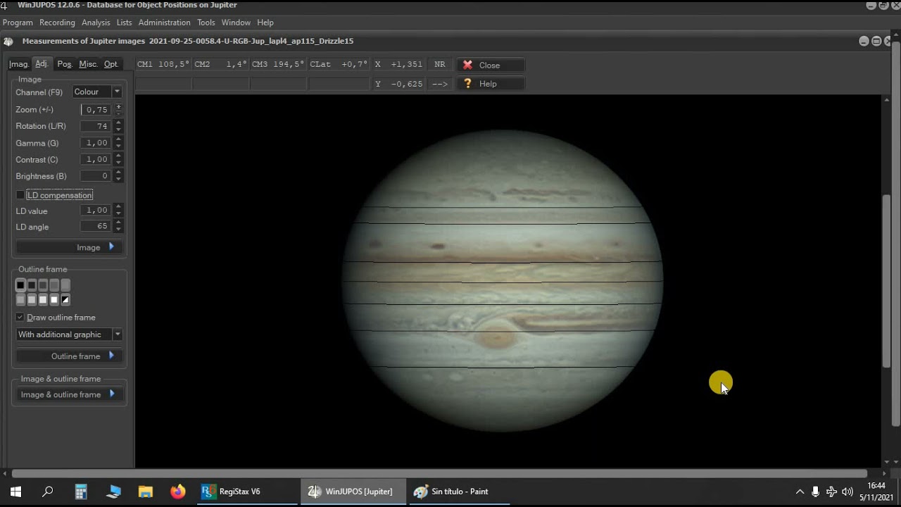WinJUPOS: Jupiter image measurement and de-rotation for Alt-Azimuth Mounts