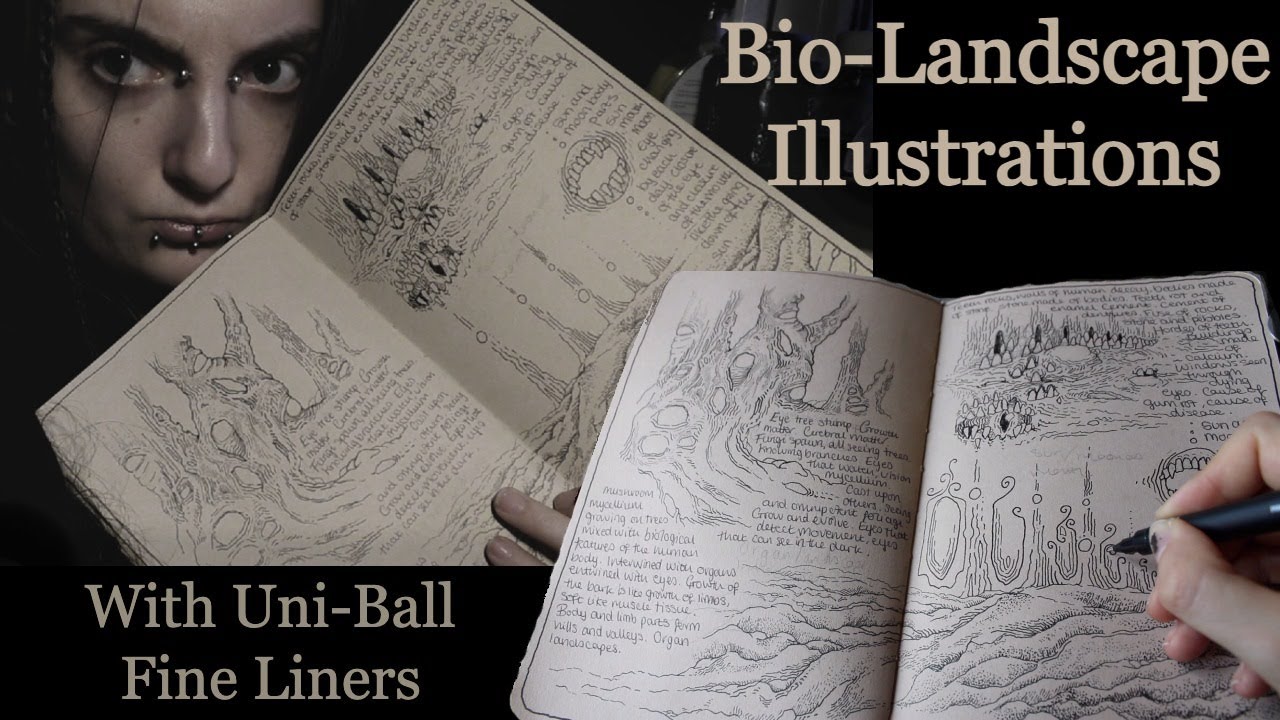 Bio-Landscape Illustrations in my Sketchbook with Uni-Ball Fine Liners. Dark Surreal Art INK DRAWING