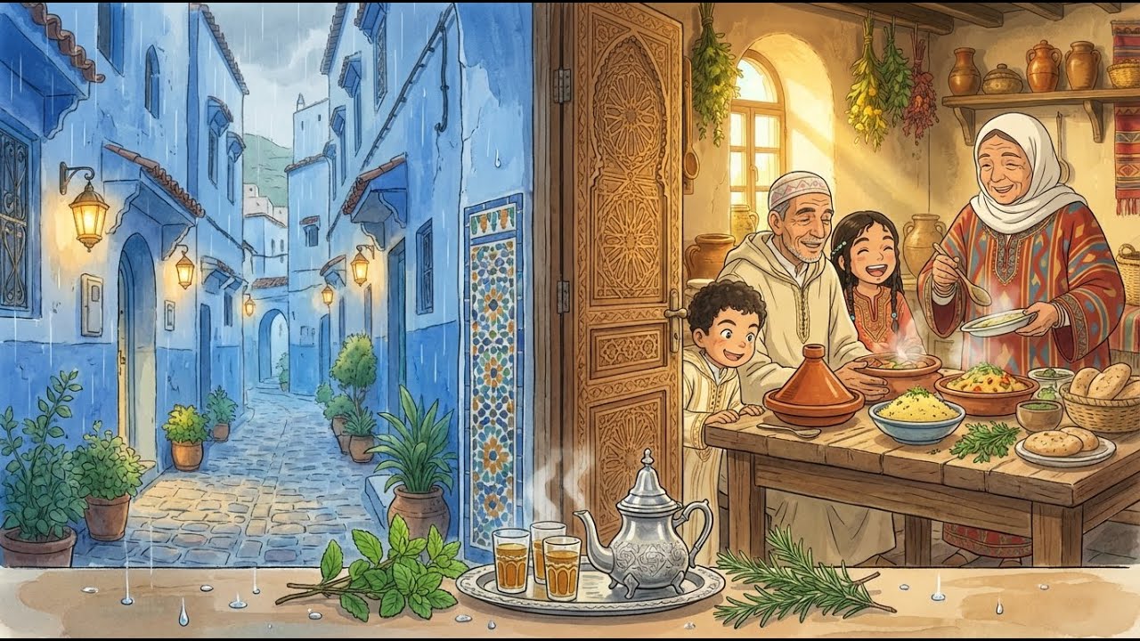Rainy Day in Blue City Morocco 🌧️ Ghibli ASMR Story Cozy ASMR Rain Ambience ☕ #pov #asmr #music