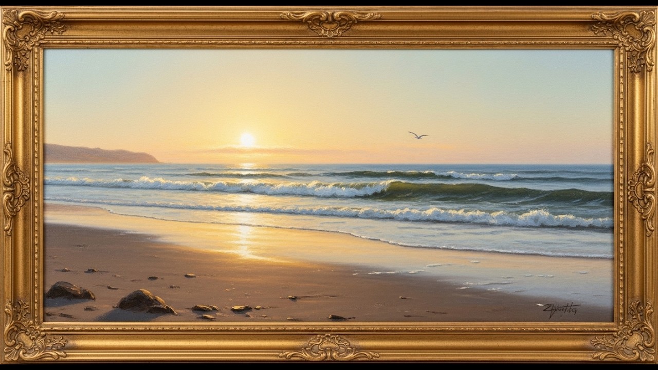 Frame TV Art with Music: Peaceful Shoreline at Dawn | Background | Minimalist Coastal Oil Painting
