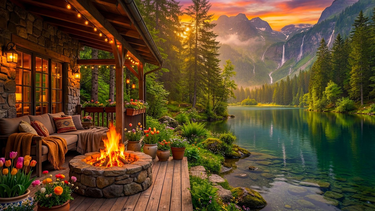 Dreamy Spring Sunset Lakeside Cabin 🌅🔥 Gentle Water, Cozy Fire Pit & Peaceful Nature for Sleep