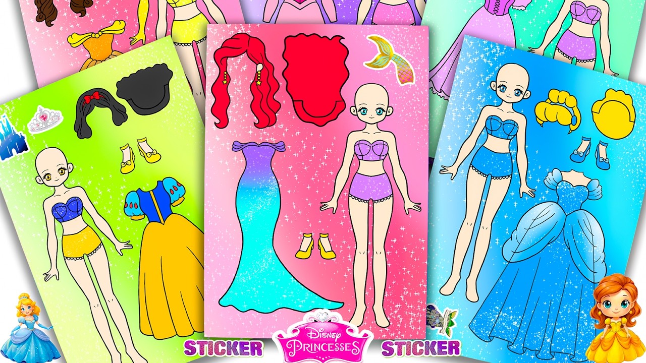 Oddly Satisfying ASMR Sticker Book Disney Princess Sparkly Gown Ariel, Snow White & Cinderella! #218