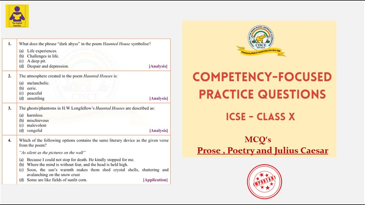 MCQ of Competency focus practise questions of prose , poetry and Julius caesar | ICSE Board Class 10