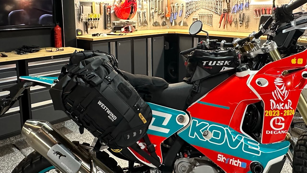 Westwind Moto rackless motorcycle panniers on the Kove 450 Rally Ranger Wild 20 Liters