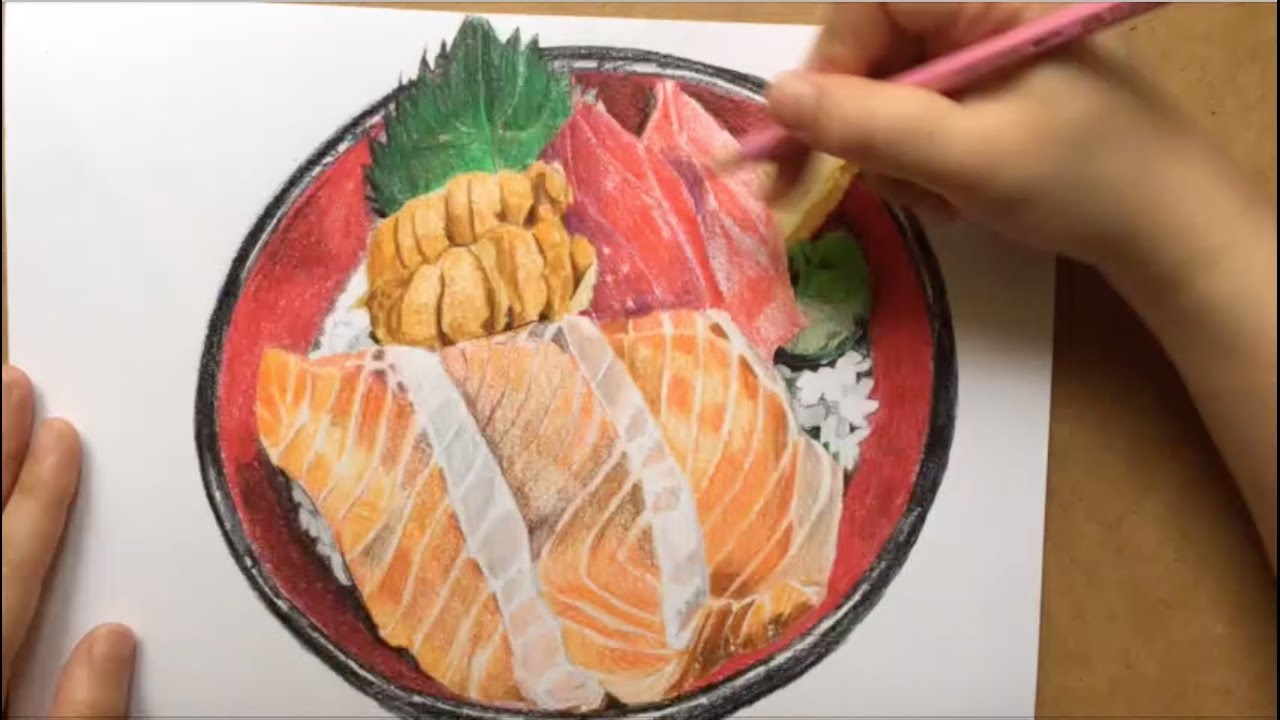 24色セットの色鉛筆で海鮮丼を描いてみた(byもじゃクッキー)